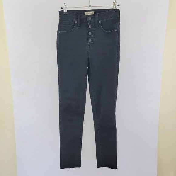 Madewell 10" High Rise Skinny Ankle Button Front Raw Hem Jean, Faded Black Grey - Picture 1 of 11